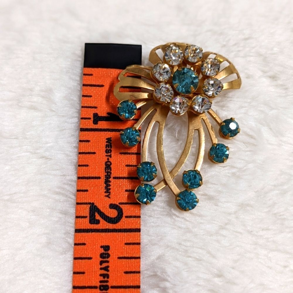 Vintage 50's Teal Blue & Clear Rhinestone Floral Spray Brooche - Picture 6 of 10